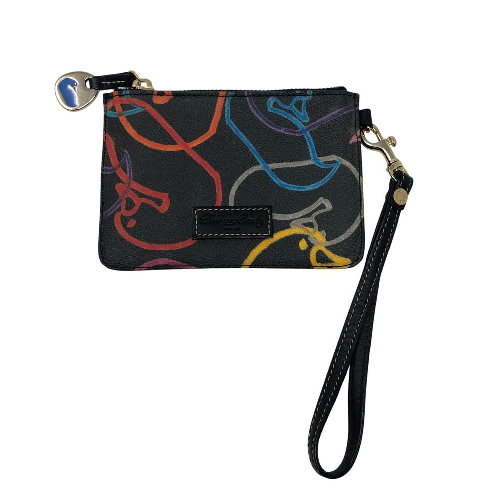 Dooney & Bourke Wristlet Pouch Black Multi Color Duck Sketch Rainbow Zip